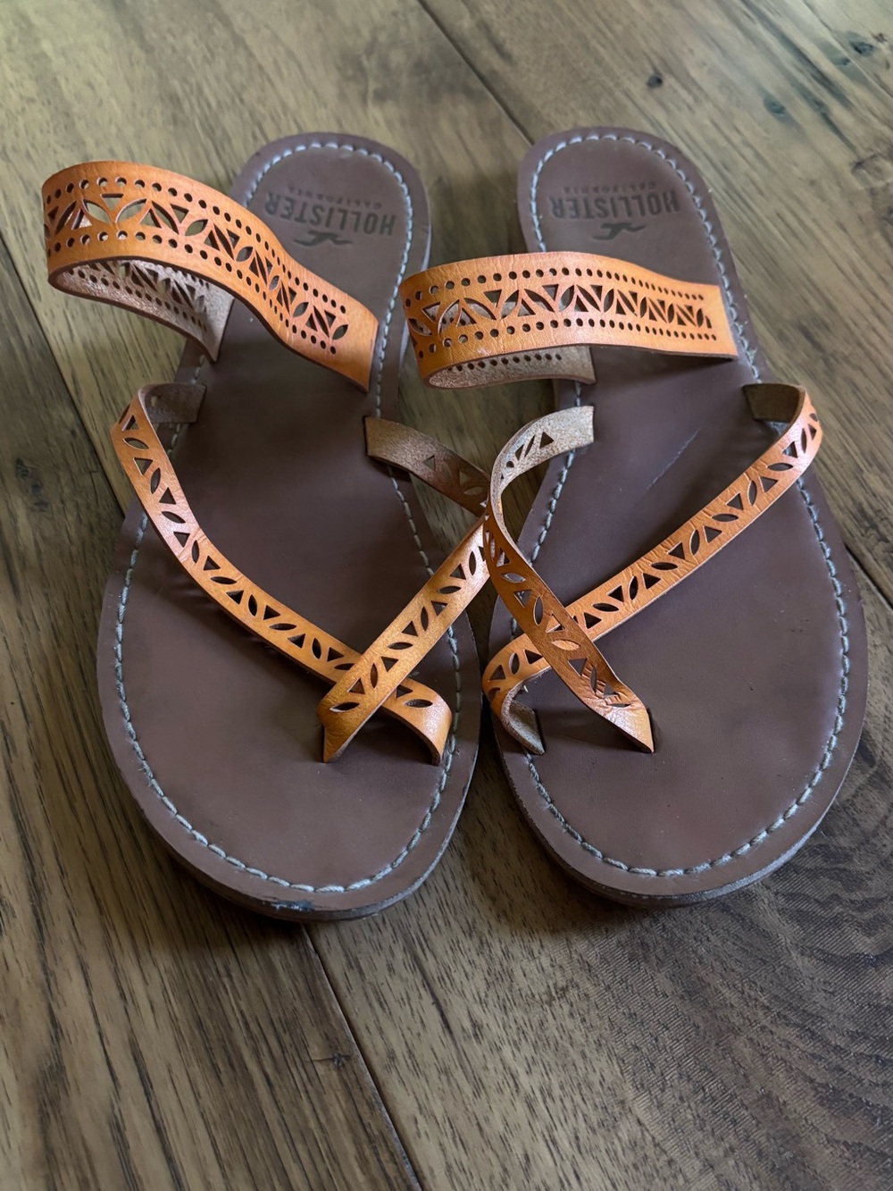 Women’s Hollister Brown Leather Sandals with Orange Laser-Cut Straps size 8